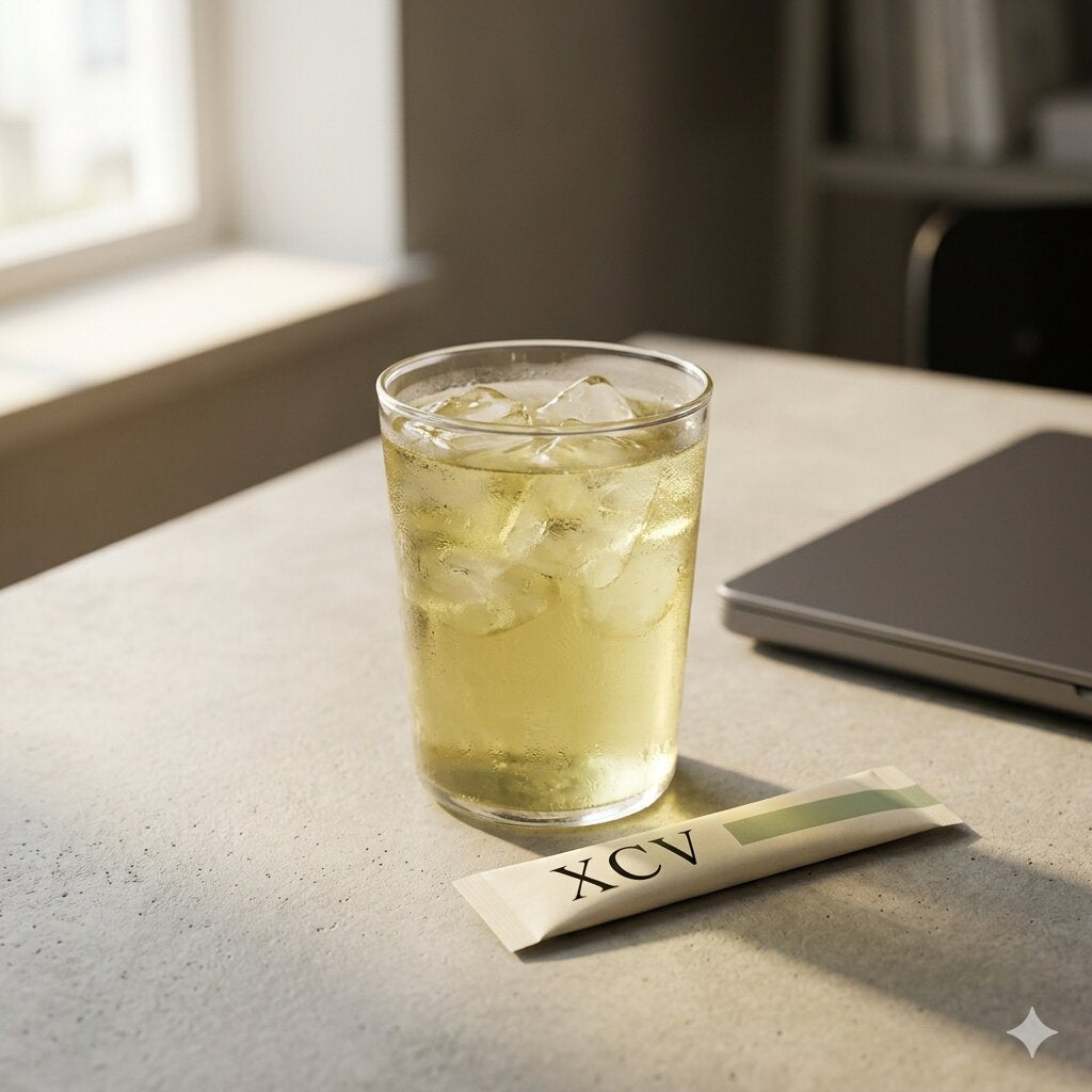 XCV stick pack and mixed drink on desk in afternoon light